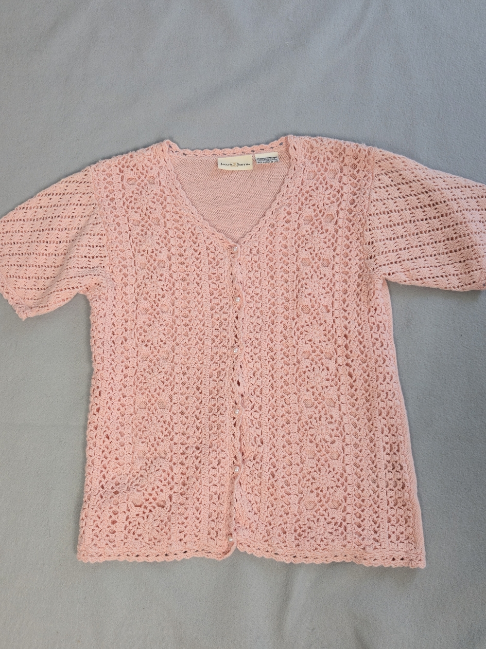 Jaclyn Smith Pink Short Sleeve Crochet Cardigan Sweater Pearl Buttons Medium M